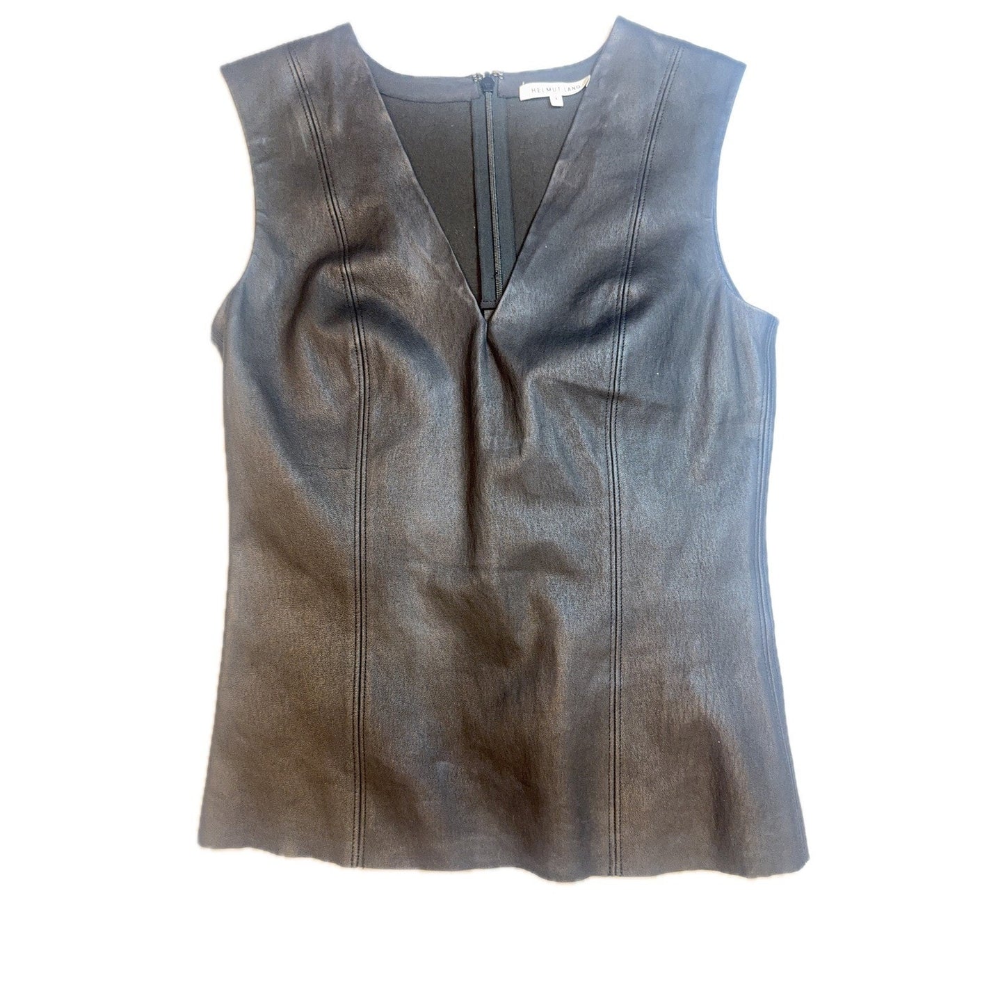 Helmut Lang Black Leather Sleeveless Top – Minimalist V-Neck – Size 4