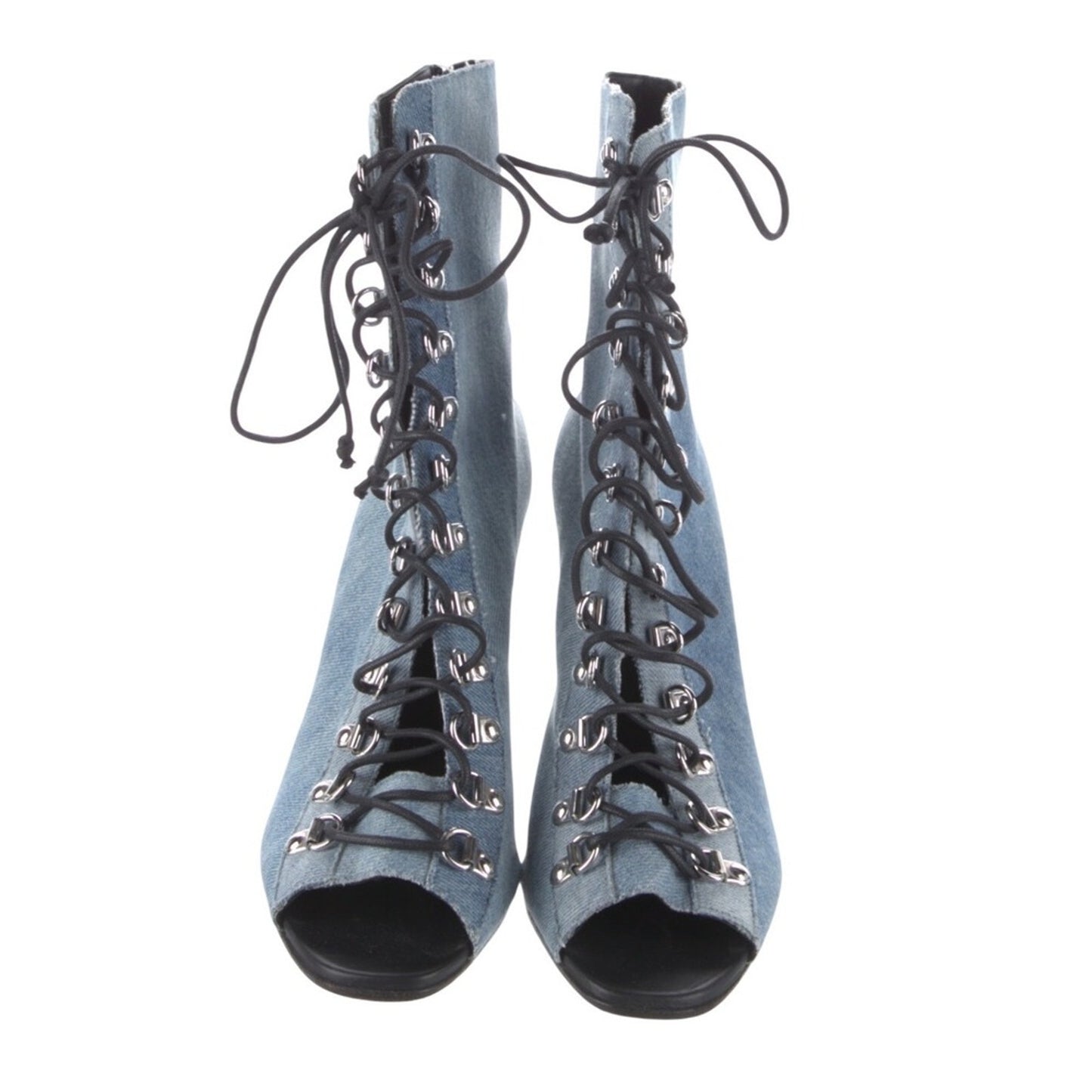 Balmain Paris Denim Lace Up Peep Toe Stiletto Heeled Booties Ankle Boots 6.5