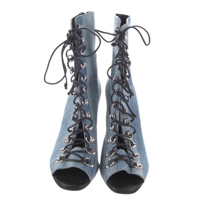 Balmain Paris Denim Lace Up Peep Toe Stiletto Heeled Booties Ankle Boots 6.5