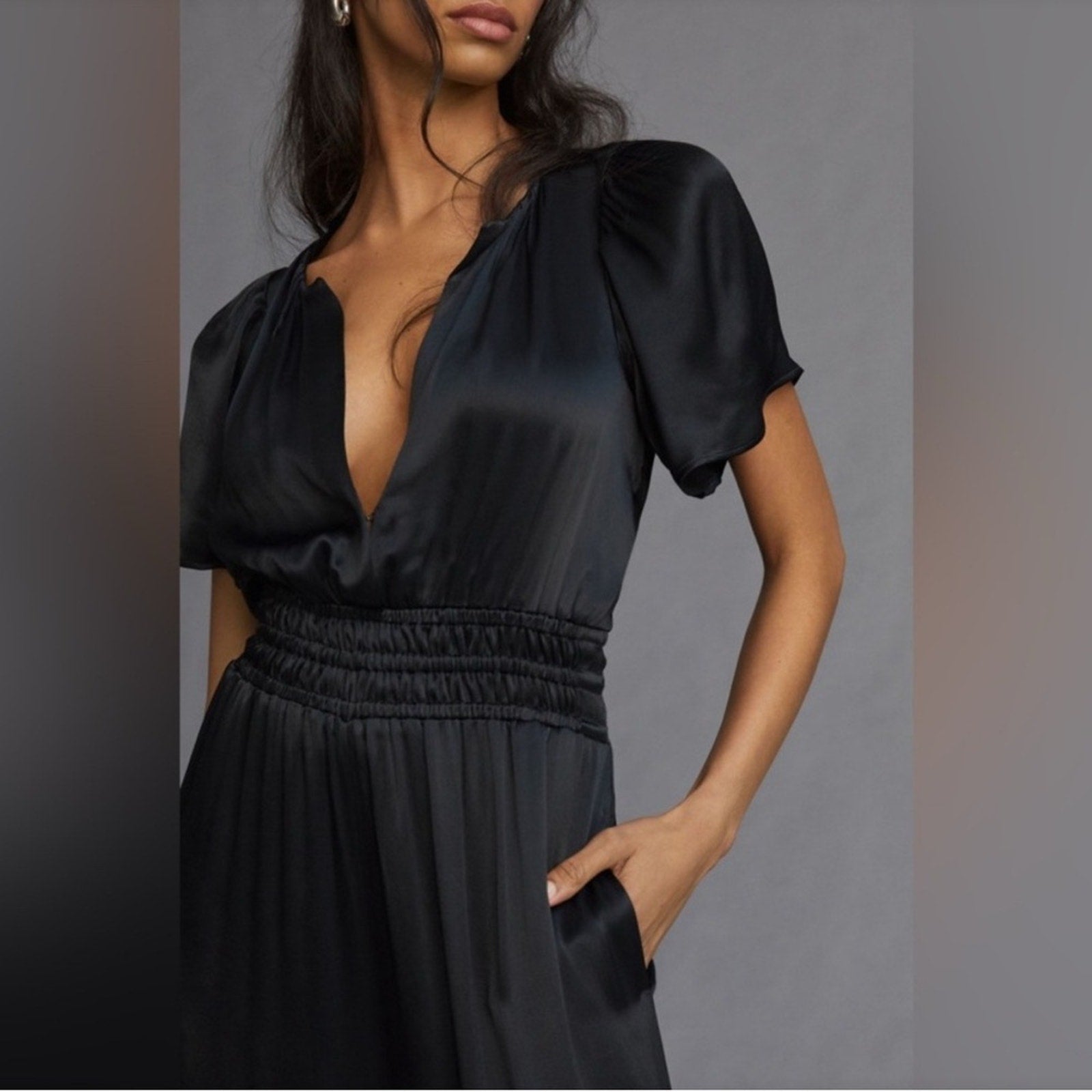Anthropologie Somerset Satin Wide Leg Jumpsuit Black Size S