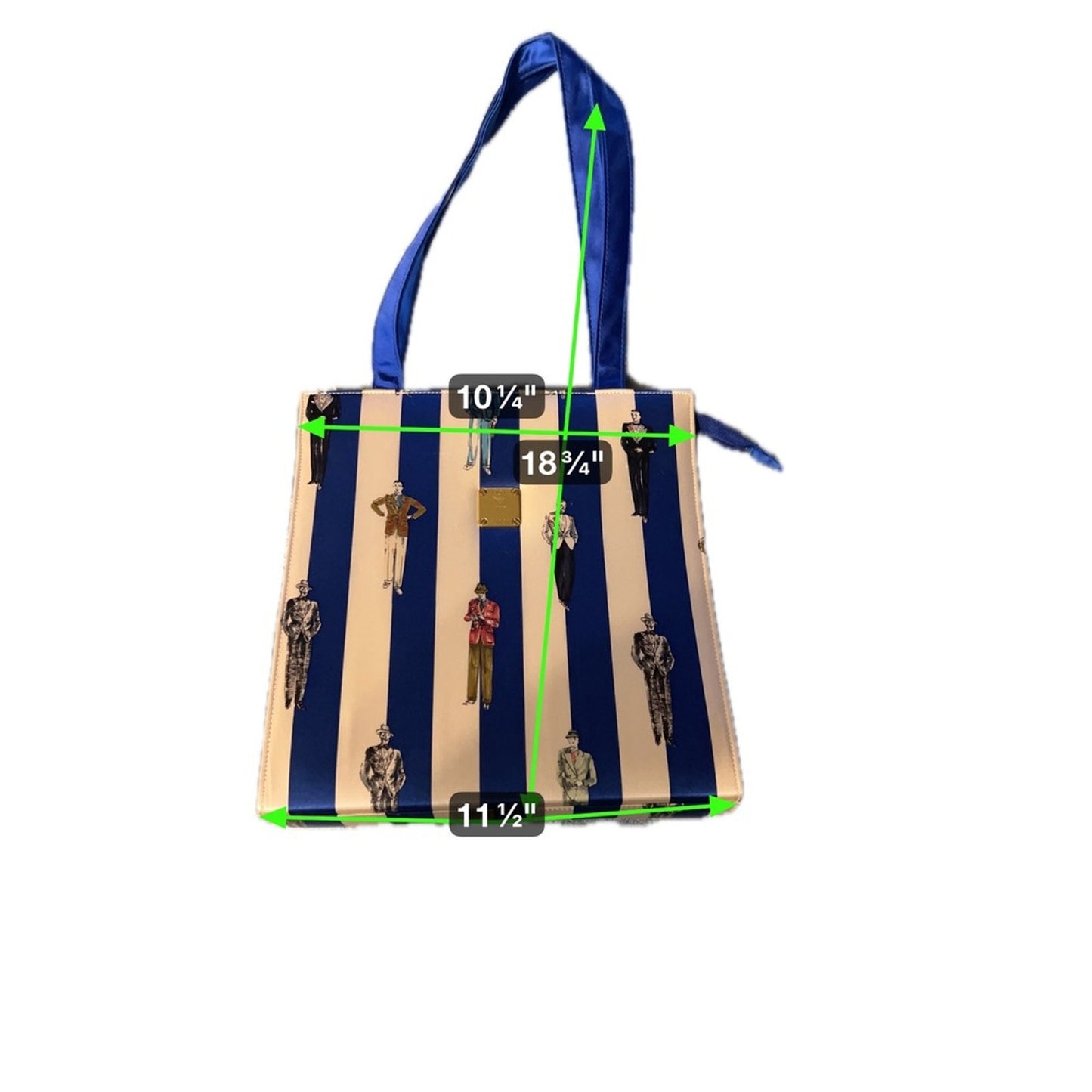 MCM Tote Bag Blue White Stripe Print Leather Trim Gold Hardware