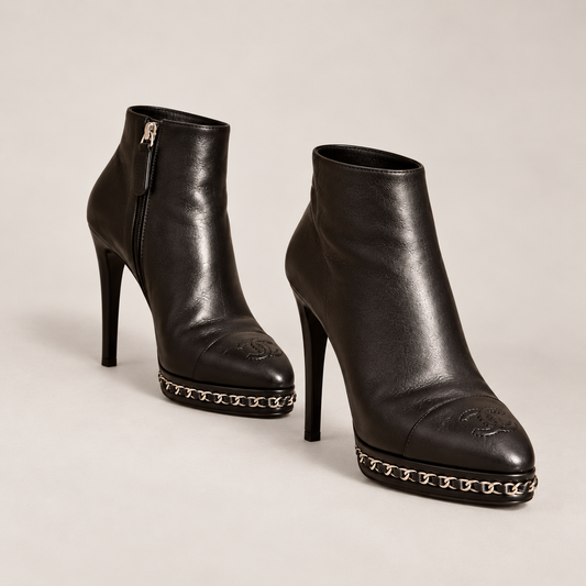 CHANEL black leather chain platform ankle boots