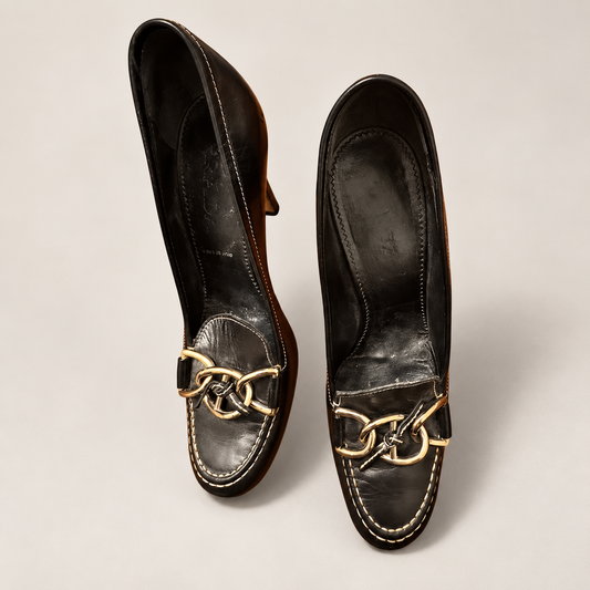 Prada black leather chain link loafers pumps