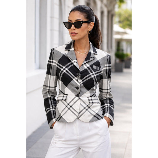Chic Black and White Plaid Blazer Jacket Women's Tailored Fit Button Front