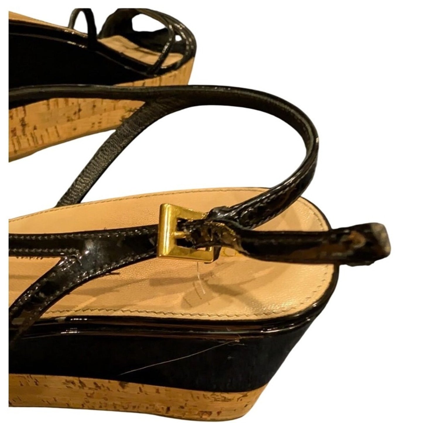 Prada black patent leather cork wedge sandals, made in Italy, size 38.5, /8