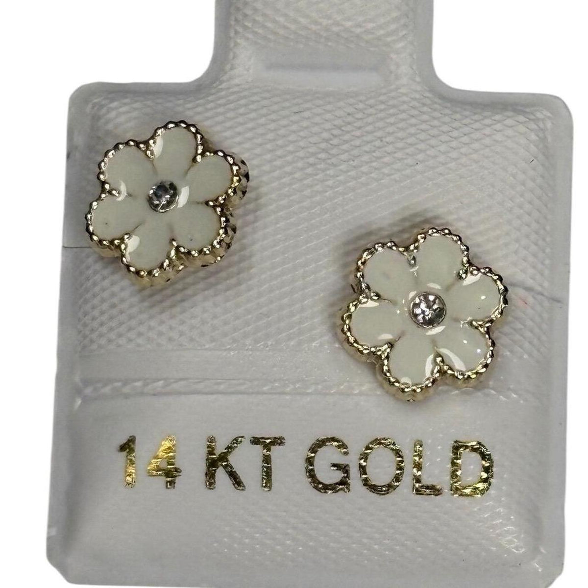 14K Gold White Enamel Flower Crystal Stud Earrings
