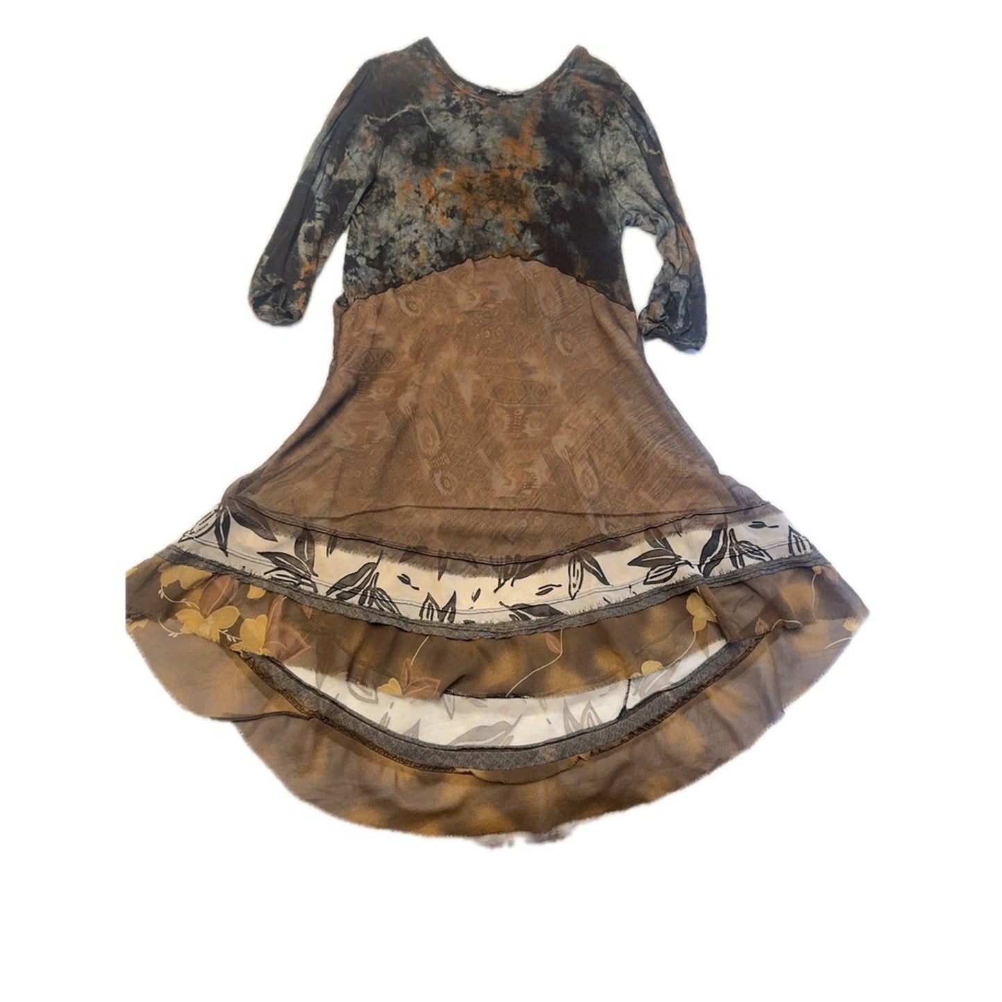 Mezon Boho Layered Dress M Brown Patchwork Sheer Hem Art to Wear Festival