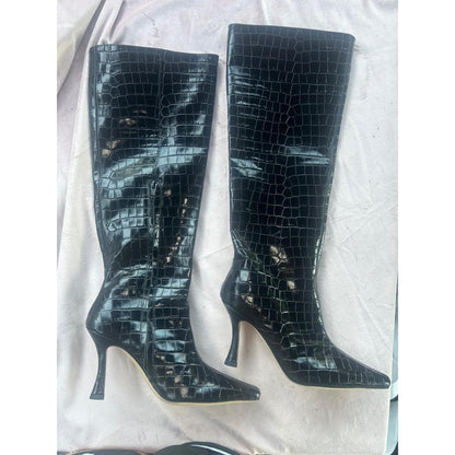 Staud Black Croc-Embossed Leather Knee-High Stiletto Boots Pointed Toe 37.5