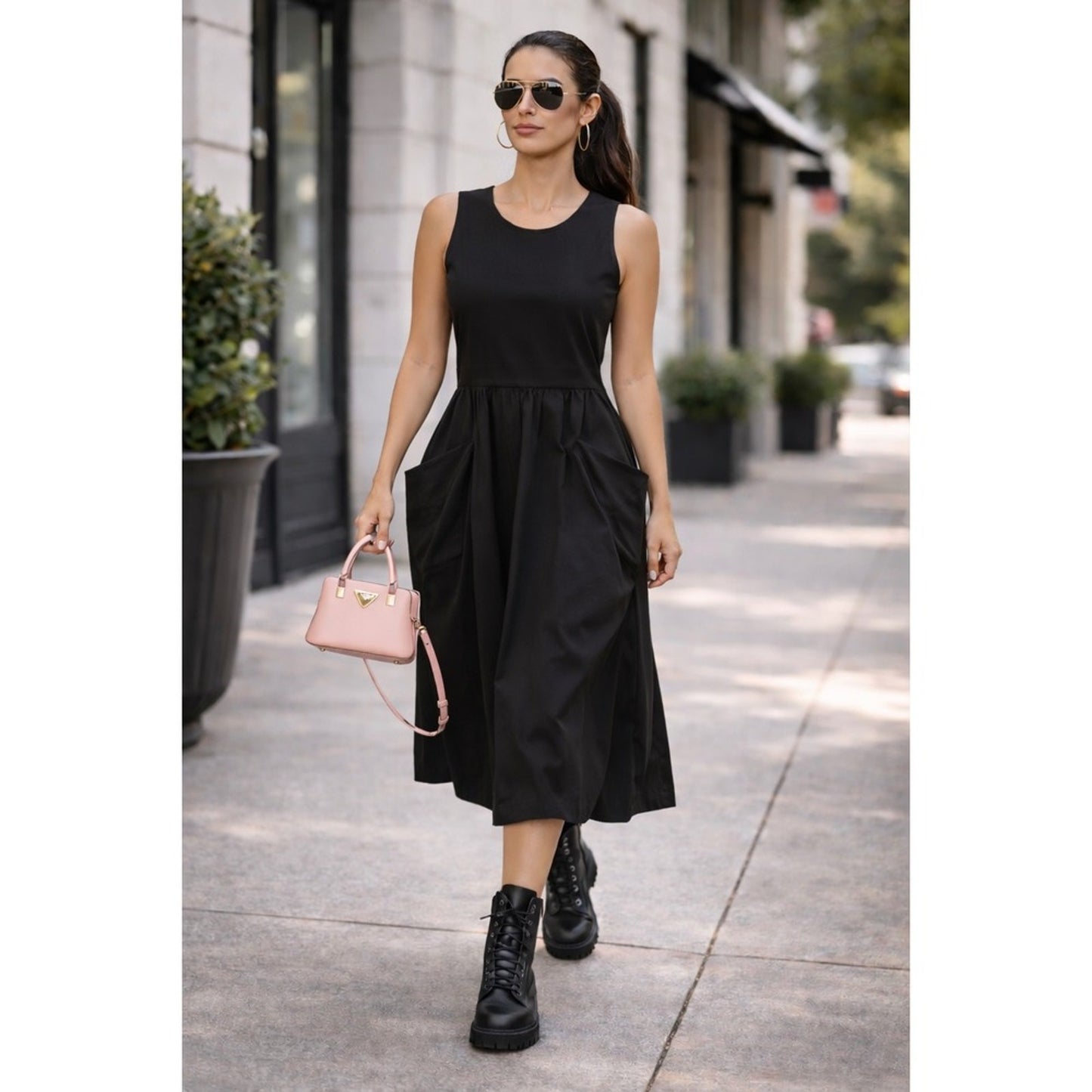 SUN LIGHT Women's Dark Black Ruched Midi Dress Size 4 Sleeveless V Neck
