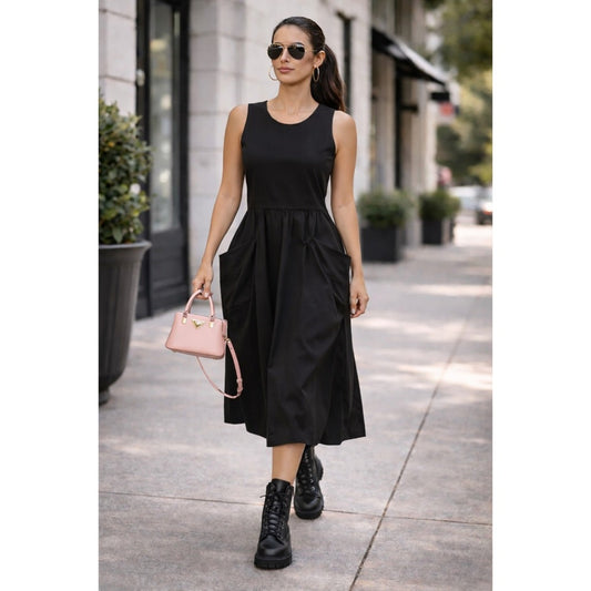 SUN LIGHT Women's Dark Black Ruched Midi Dress Size 4 Sleeveless V Neck