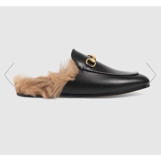 Gucci Princetown Black Leather Fur Lined Horsebit Mules Loafers Size 39 IT 9