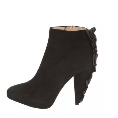 Prada Black Suede Ruffle Accent Ankle Boots Heels Size 37.5  -7.5 -8 Italian