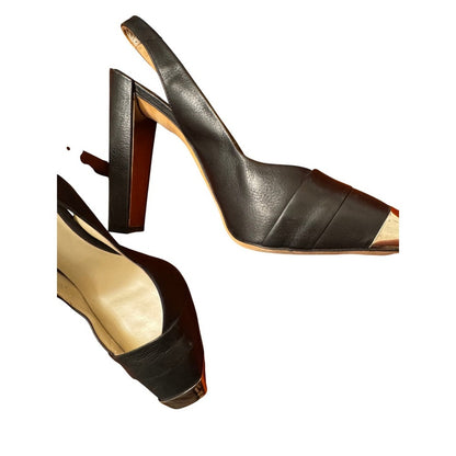Christian Dior Slingback Heels Black Leather Silver Toe Cap Pumps Elegant S 8.5