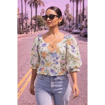 NWT & Other Stories Floral Embroidered Puff Sleeve Cropped Blouse White Size 8