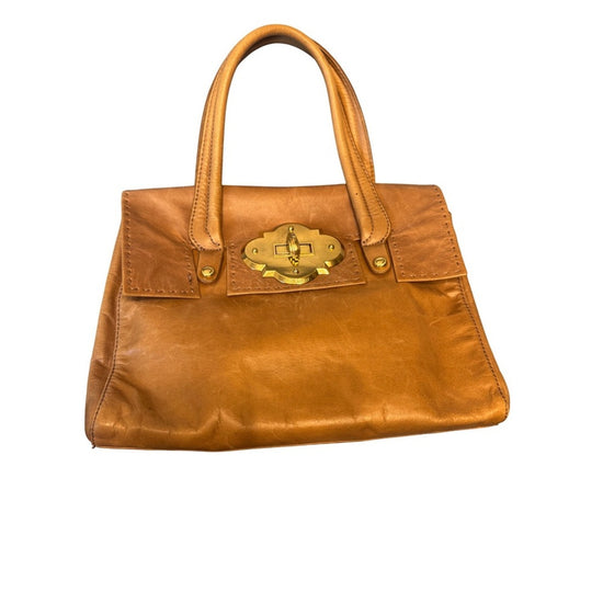 Cynthia Rowley Tan Leather Satchel Handbag Top Handle Bag Brass Lock