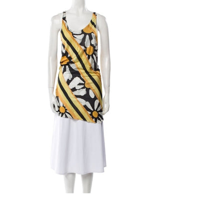 Marni Printed Cowl Neck Tunic Dress White Daisy Yellow Black Abstract XS