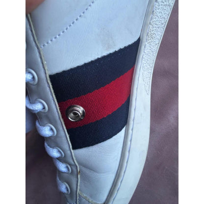 Gucci Ace White Leather Web Stripe Sneakers Mismatched Snakeskin Heel Tabs