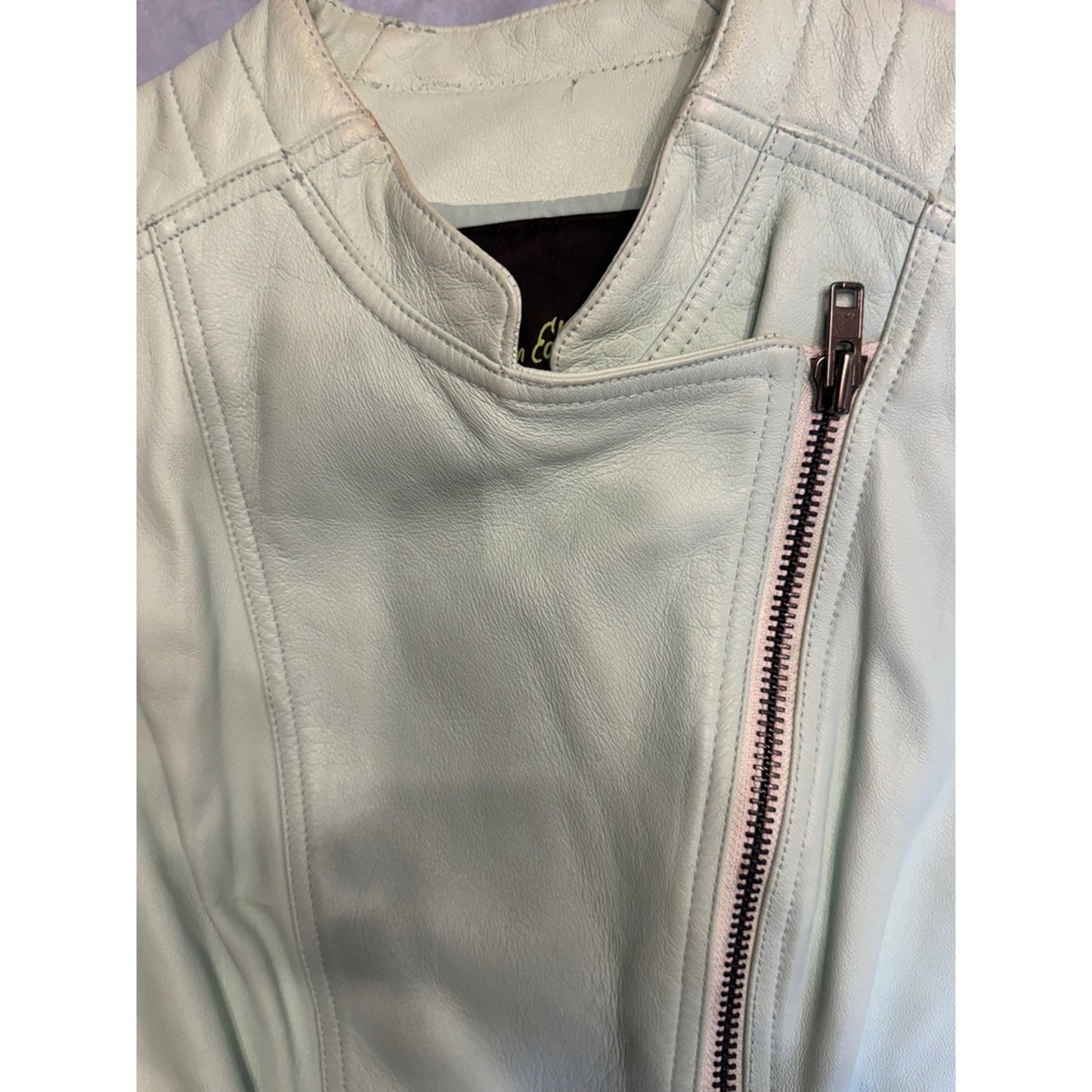 Sam Edelman Leather Vest Sleeveless Moto Biker Full Zip Pockets Pale Green Small