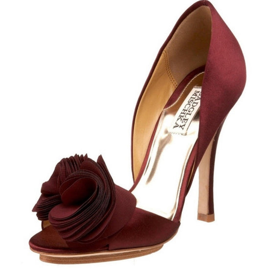 Badgley Mischka Burgundy Satin Heels 5.5M Rosette Pumps Wedding Party Shoes