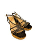 Prada black patent leather cork wedge sandals, made in Italy, size 38.5, /8