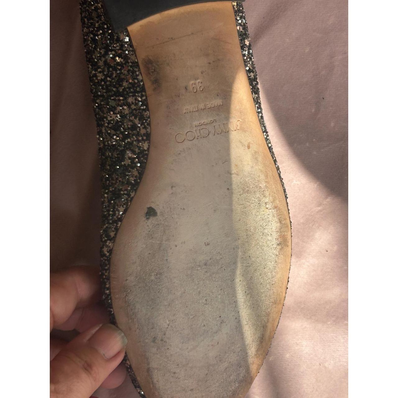 Jimmy Choo Genevi Star Coarse Glitter Toe Flats Gold Heel Black Silver 39