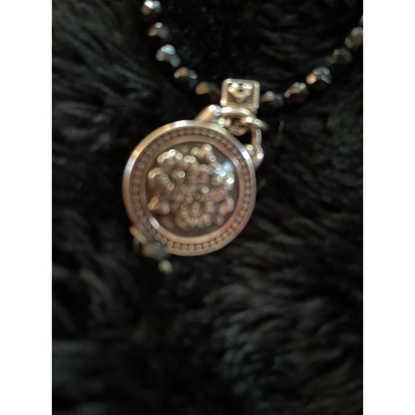 Brighton Silver Tone Black Bead Necklace Round Medallion Pendant Heart Clasp