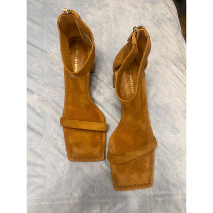 Good American Suede Ankle Strap Square Toe Block Heel Sandals, Size 10