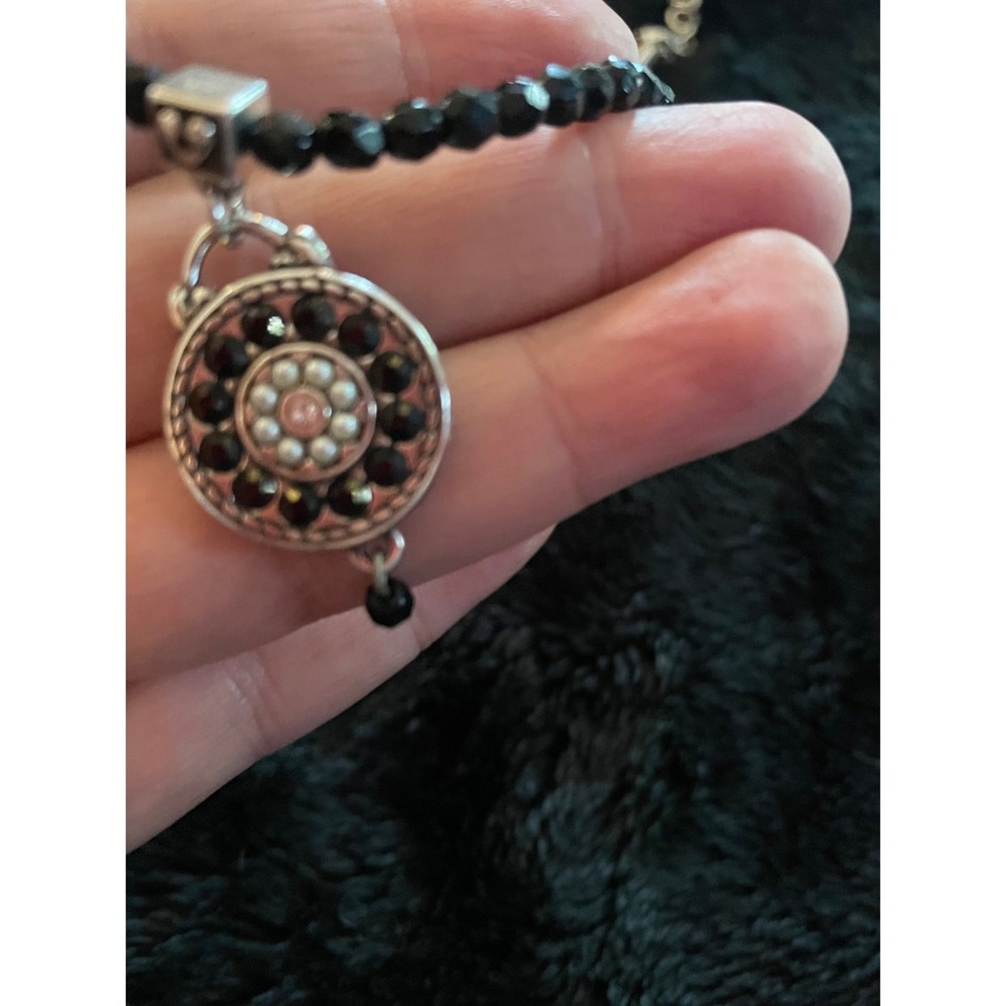 Brighton Silver Tone Black Bead Necklace Round Medallion Pendant Heart Clasp
