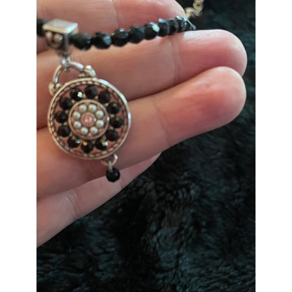 Brighton Silver Tone Black Bead Necklace Round Medallion Pendant Heart Clasp