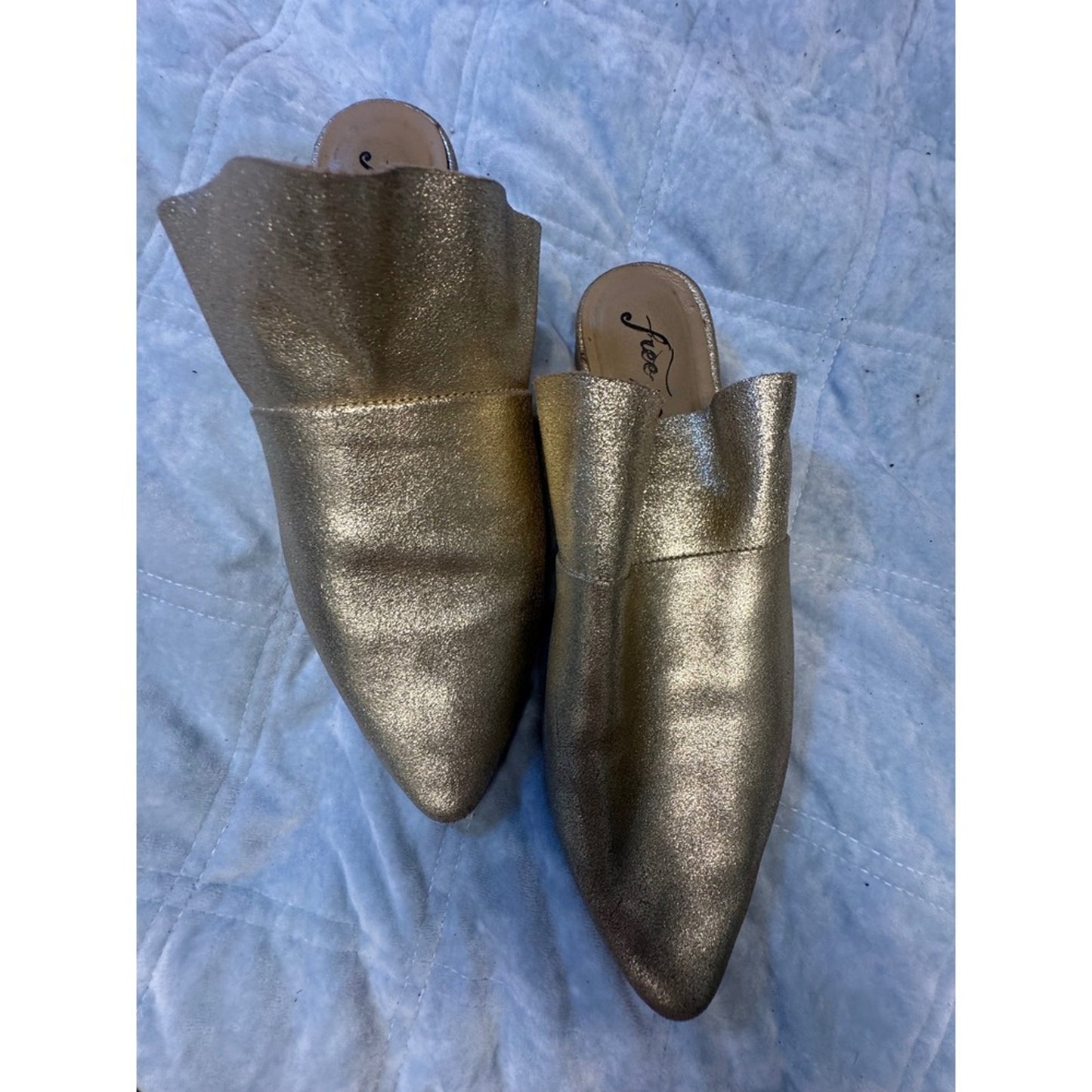 Free People Gold Metallic Ruffle Mules Shoes Women's Size 41 US 10/11 Rare