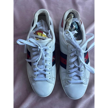 Gucci Ace White Leather Web Stripe Sneakers Mismatched Snakeskin Heel Tabs