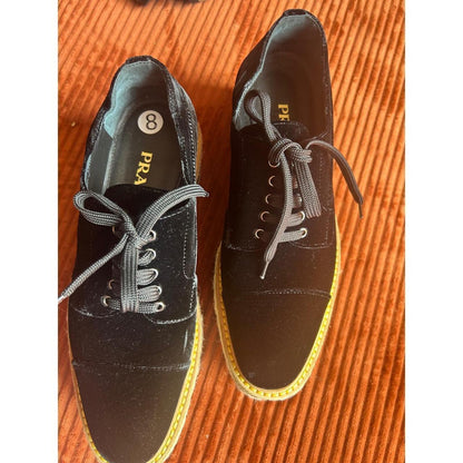 Prada Platform Oxfords Women's Size 8 Black Excellent Velvet Espadrille Trim