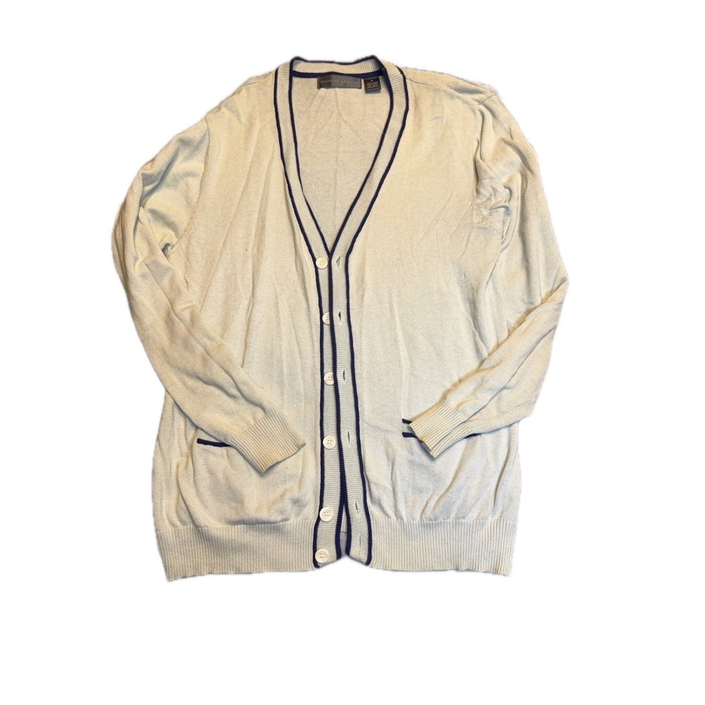 Oscar de la Renta Cream Cotton Cardigan Sweater Navy Trim Womens Size M