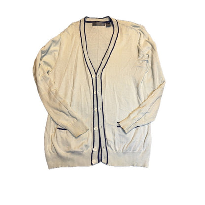 Oscar de la Renta Cream Cotton Cardigan Sweater Navy Trim Womens Size M