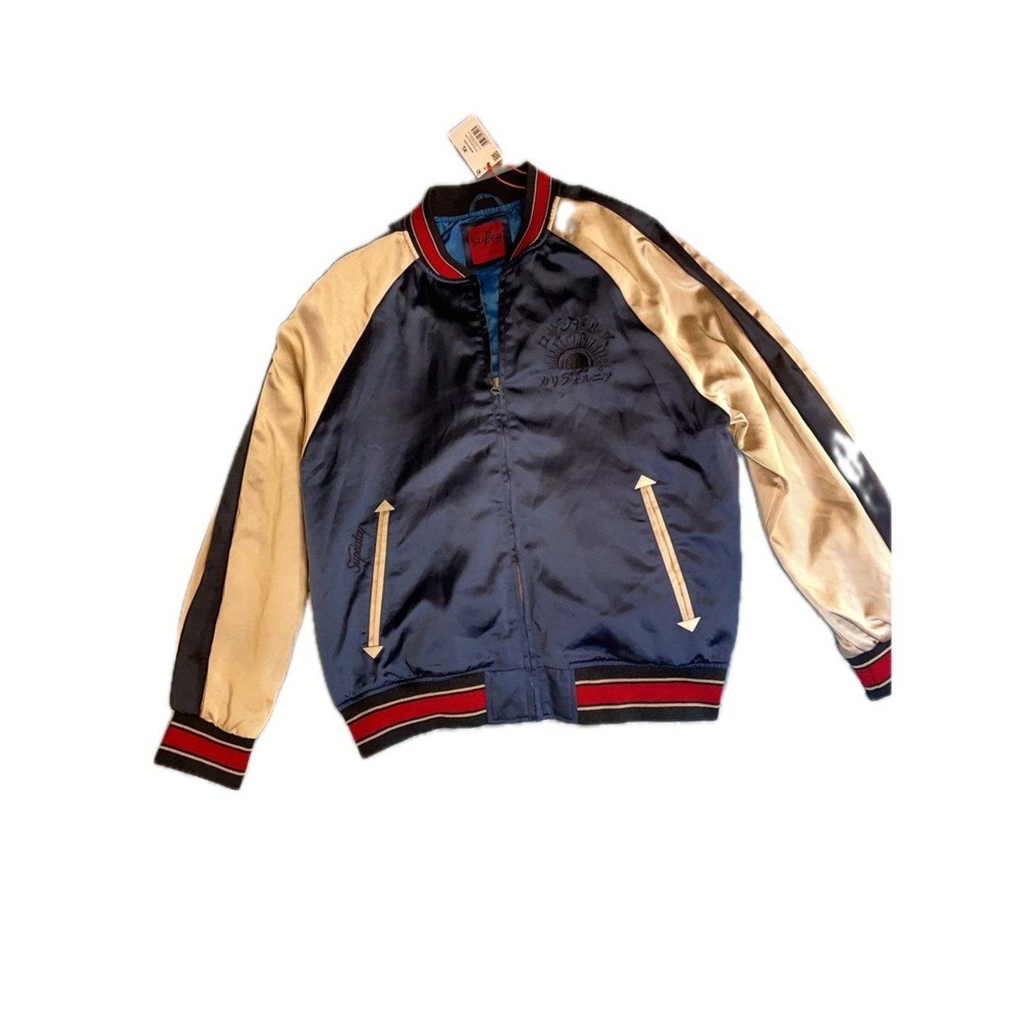 Superdry Mens Bomber Jacket Blue Satin Eagle Embroidery Los Angeles CA Size M
