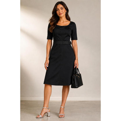 Prada Midi Dress Women's Size 8 Black Excellent Belted Square Neck