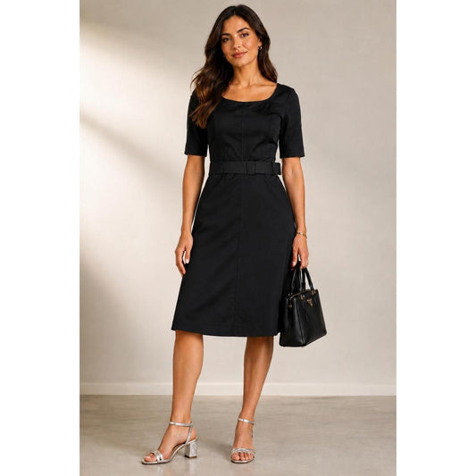 Prada Midi Dress Women's Size 8 Black Excellent Belted Square Neck