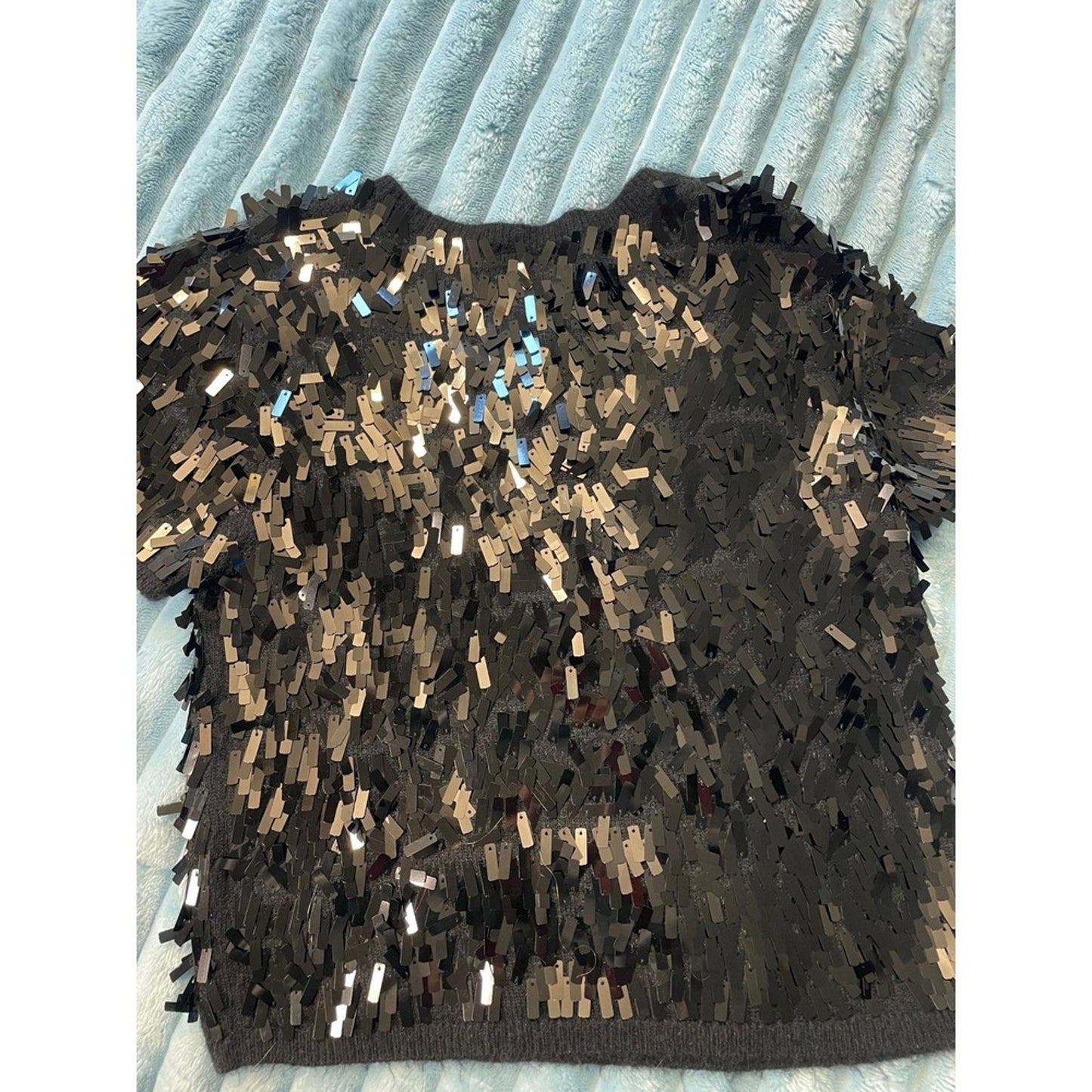 Other Stories Black Sequin Fringe Knit Sweater Top Short Sleeve Crew Neck size M