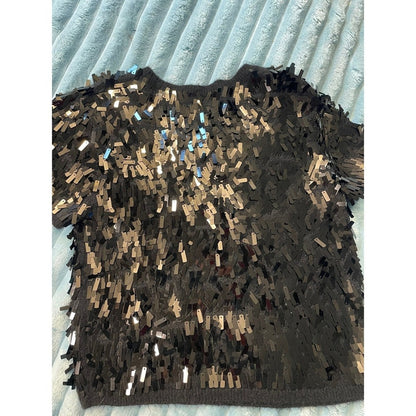 Other Stories Black Sequin Fringe Knit Sweater Top Short Sleeve Crew Neck size M