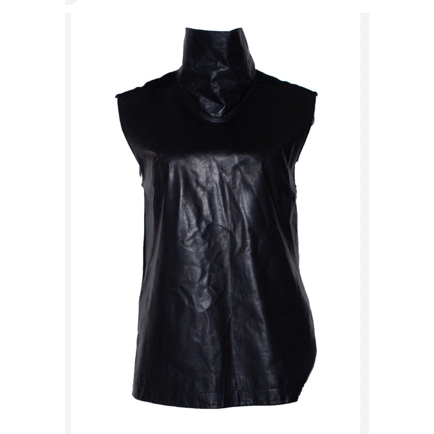 Helmut Lang Black Leather Sleeveless Top – Minimalist V-Neck – Size 4