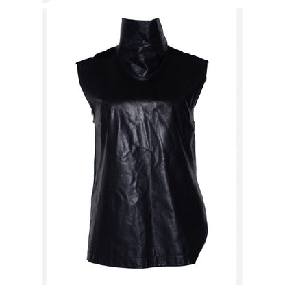 Helmut Lang Black Leather Sleeveless Top – Minimalist V-Neck – Size 4
