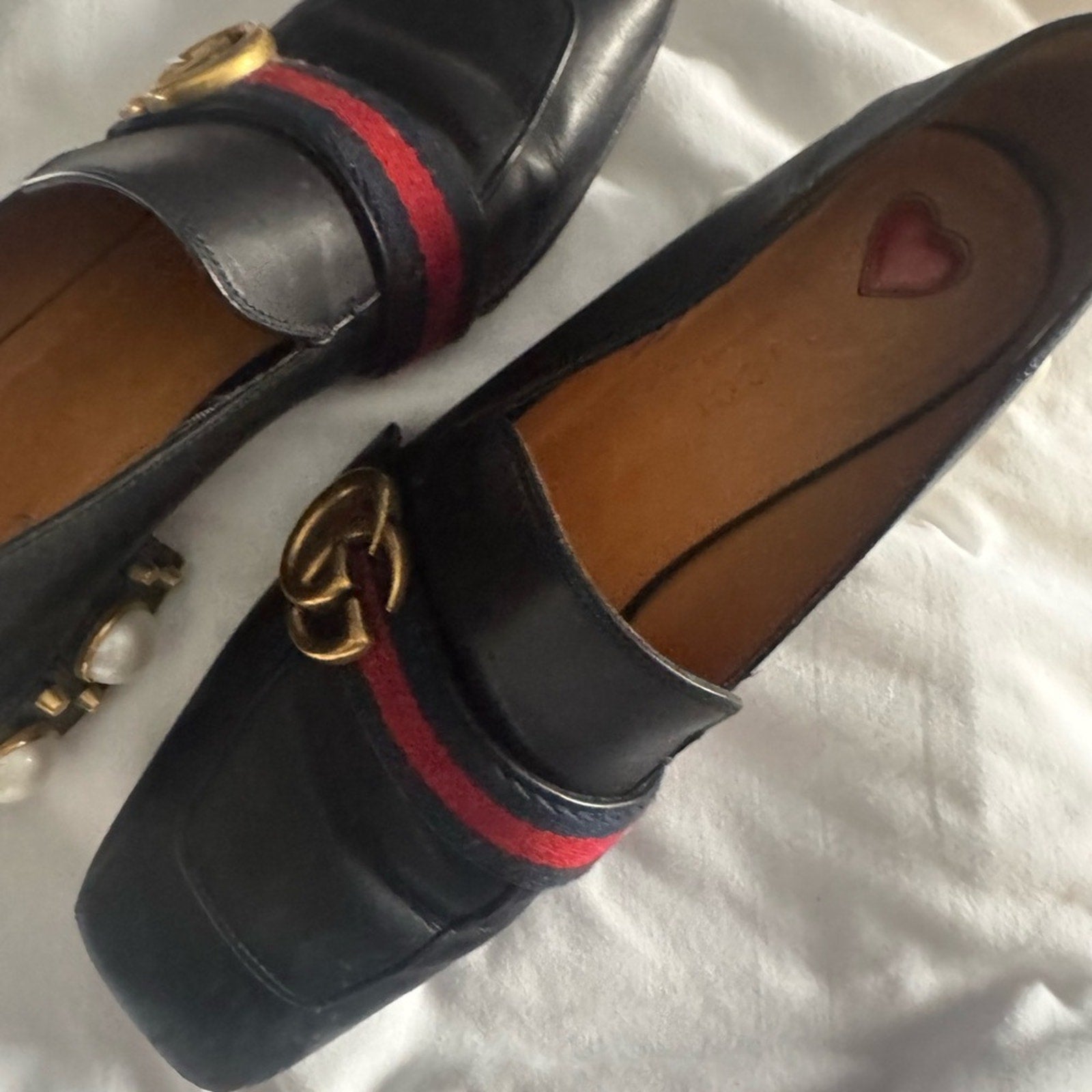 Gucci Black and Gold Leather Loafers with Pearl Embellishments