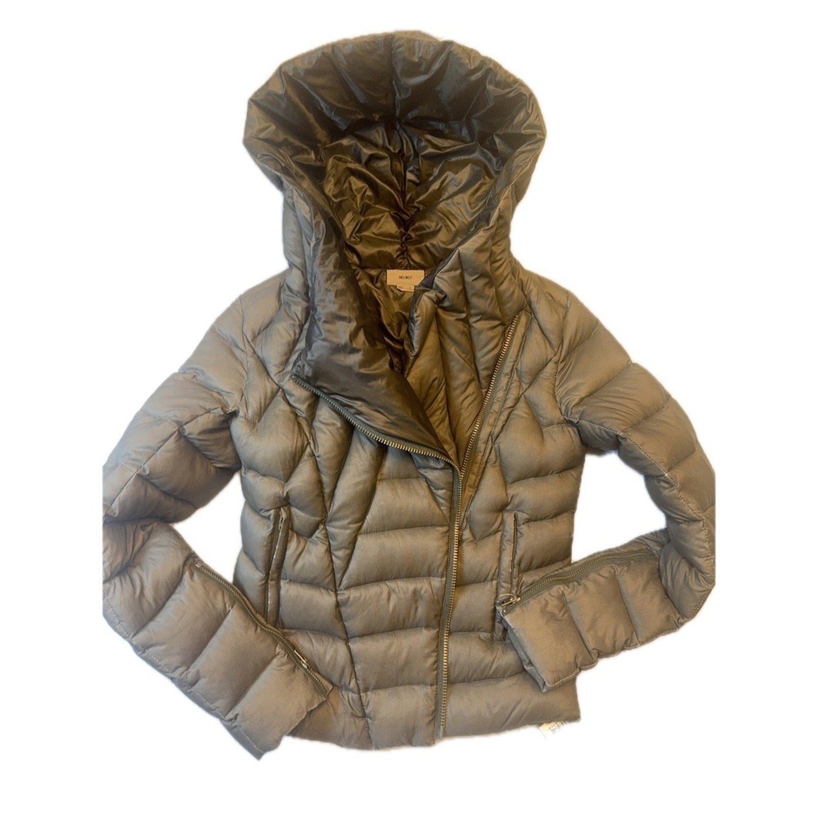 Helmut Lang Gray Down Puffer Jacket with Hood Asymmetrical Zip Womens Small S