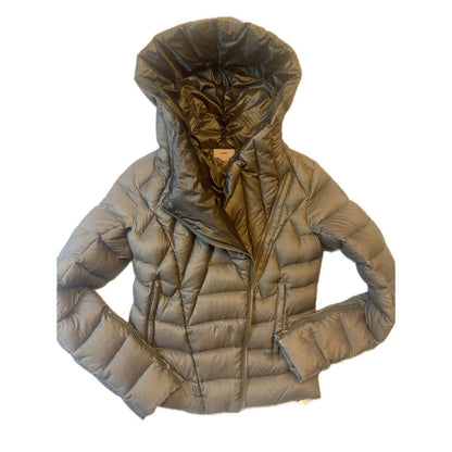 Helmut Lang Gray Down Puffer Jacket with Hood Asymmetrical Zip Womens Small S