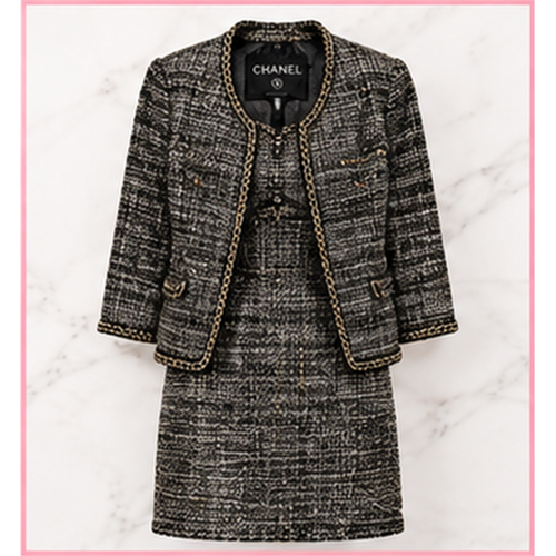 CHANEL 06A black gray tweed jacket and dress set