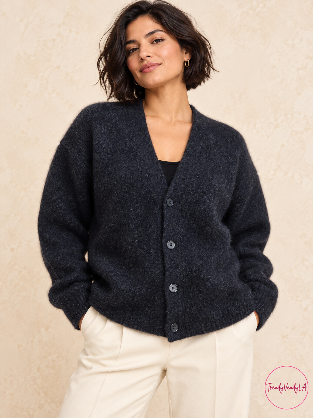 AI styling image: COS wool alpaca cardigan on model