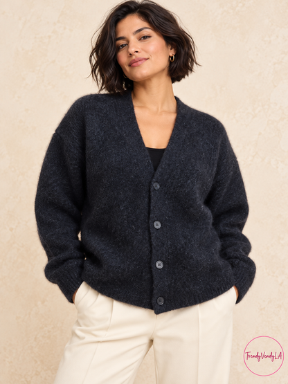 AI styling image: COS wool alpaca cardigan on model