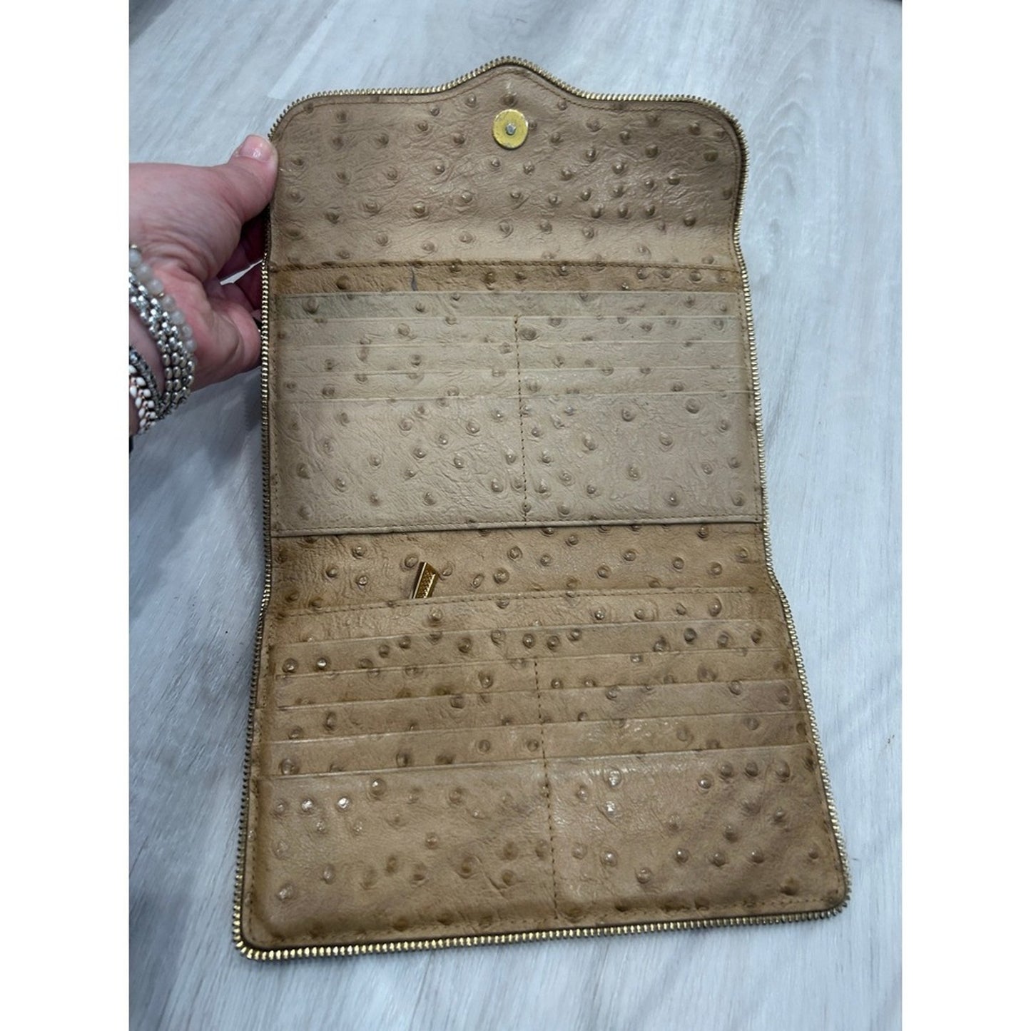 Rebecca Minkoff Ostrich Embossed Leather Zip Around Wallet Beige Gold Tone