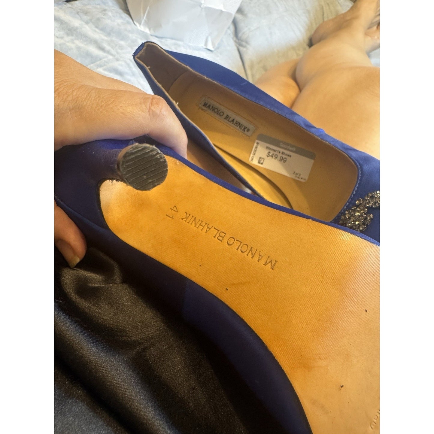 Manolo Blahnik Blue Satin Hangisi Crystal Embellished Pumps Size 41