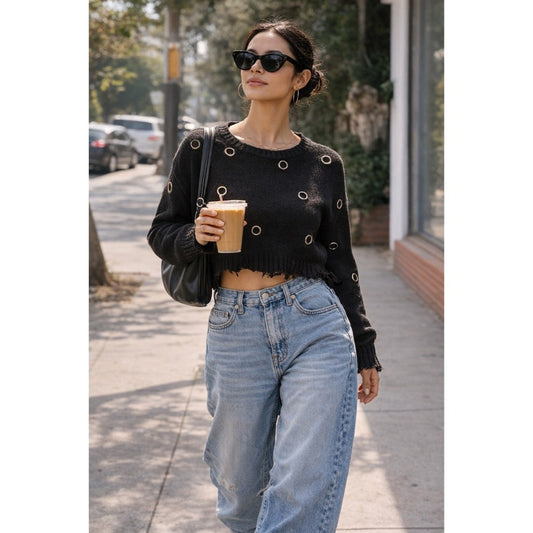 ANWND Los Angeles Black Distressed Eyelet Cropped Sweater Size Large